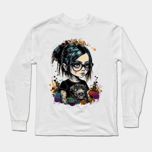 Cartoon little girl with glasses in gothic style at school Long Sleeve T-Shirt